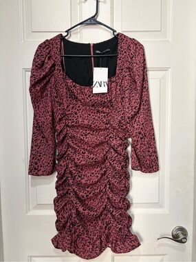 ZARA Rose Pink Leopard Ruched Mini Dress